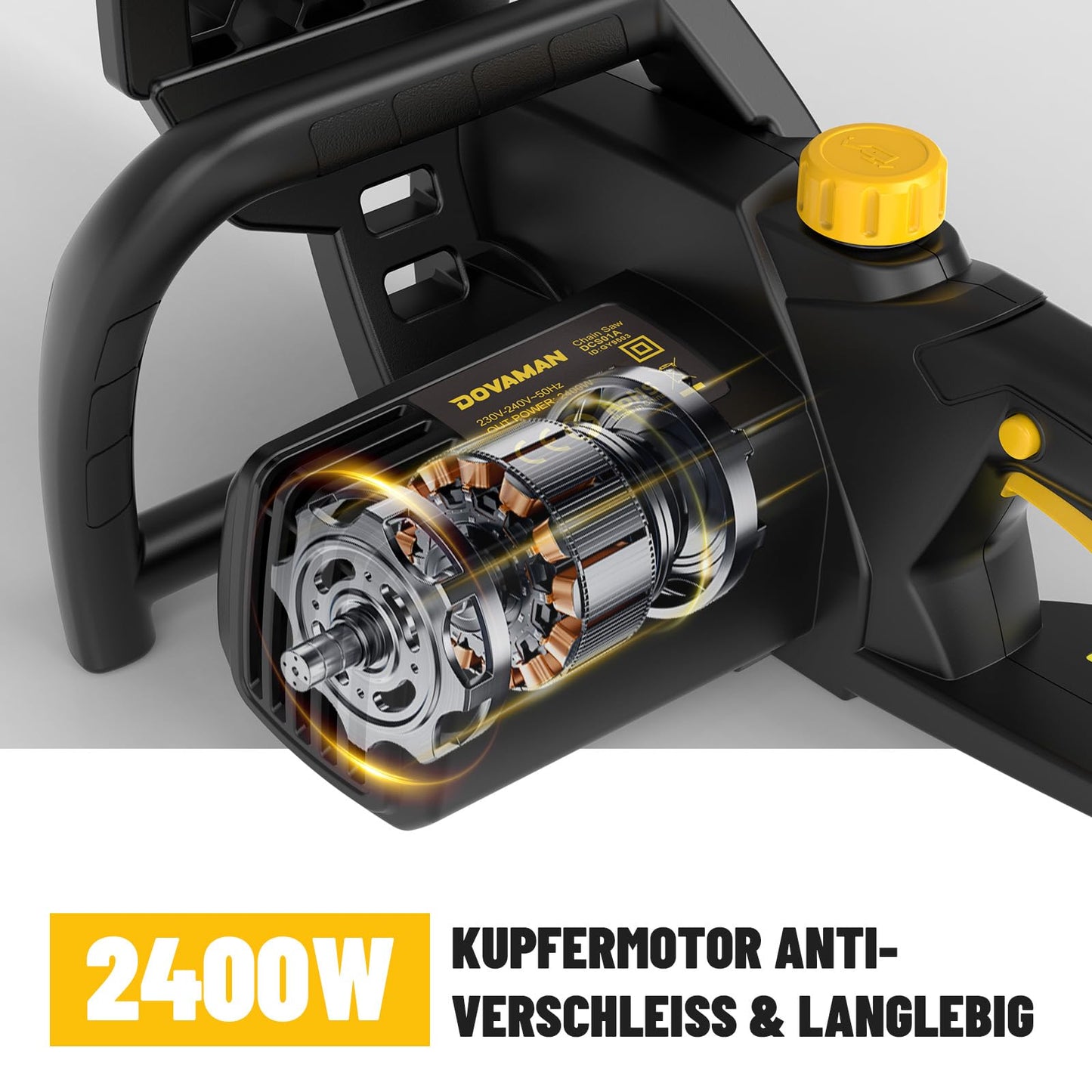 DOVAMAN 2400W Elektro Kettensäge, 40cm Oregon Schwert und Kette, werkzeuglose Kettenspannung, 15m/s, Rückschlagschutz, inkl. 2 Ketten, Kettensäge ideal für Brennholz, Garten und Baumschnitt - DCS01A