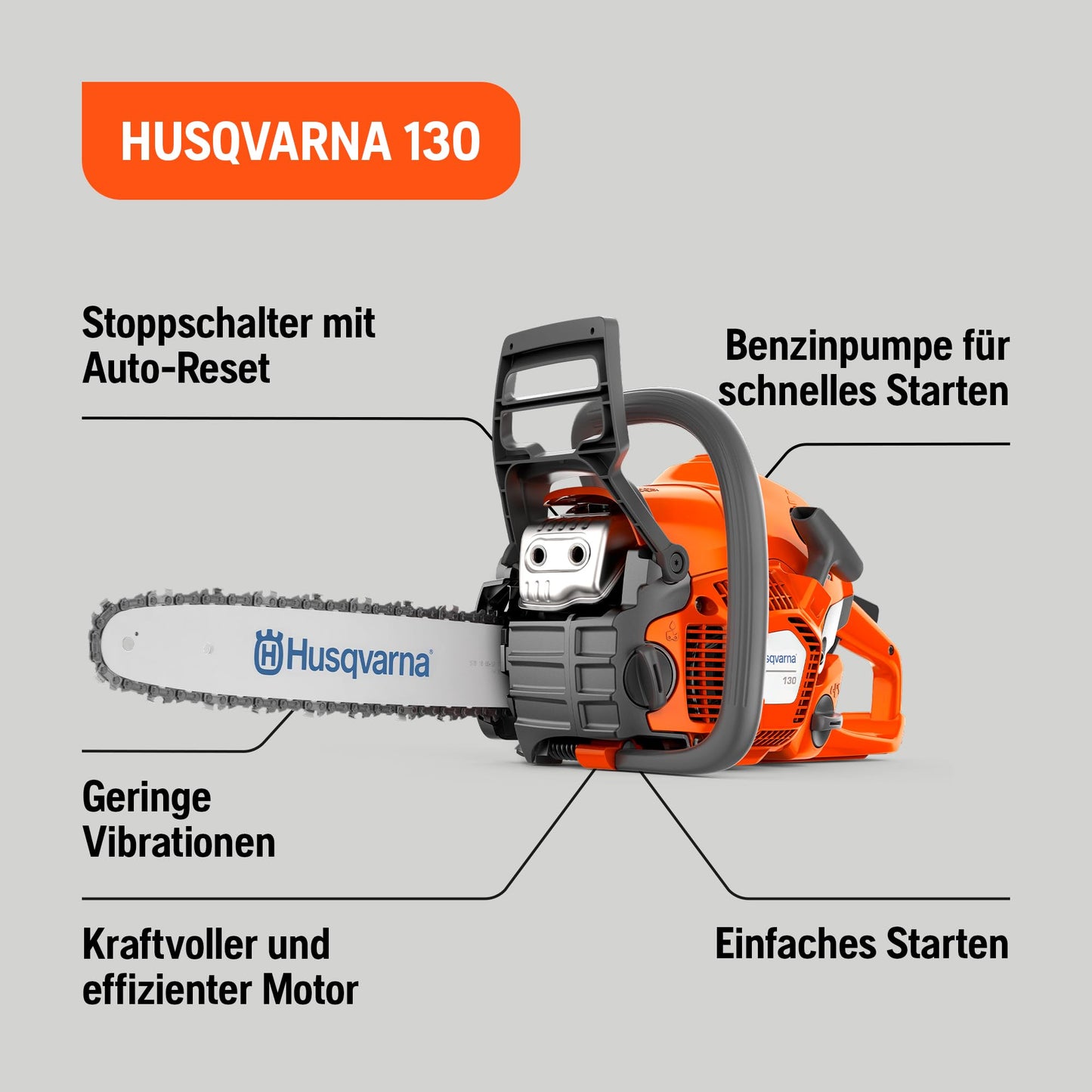 Husqvarna 130 Benzin-Kettensäge - 38 cc X-Torq® Motor, 35 cm Schiene und Kette, LowVib®, ideal für Gartenpflege und Brennholz