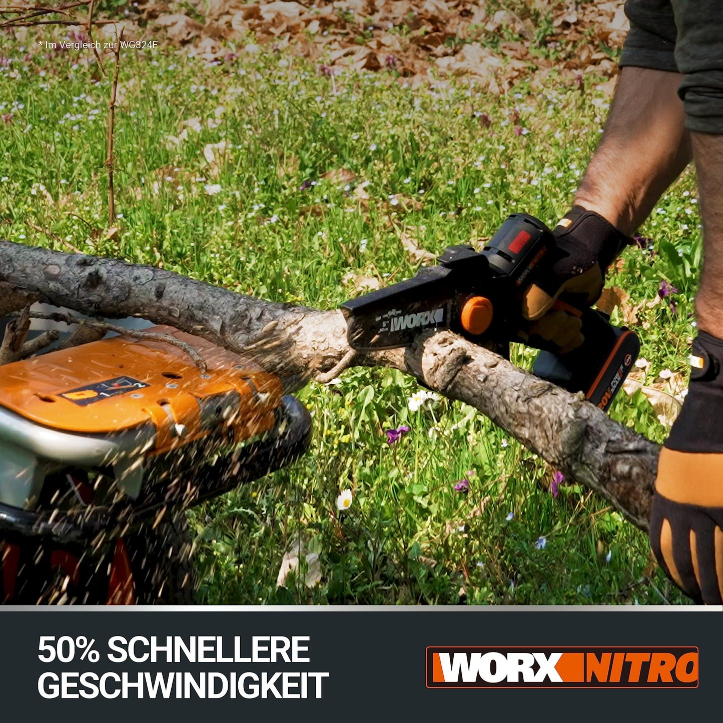 WORX WG325E Nitro Profi Mini Akku-Kettensäge 20V, Einhand Ast-Säge, starker Brushless Motor, 5650 /min, 12cm Schnittlänge, leicht & kompakt, automatische Kettenschmierung (inkl. 2Ah Akku & Ladegerät)