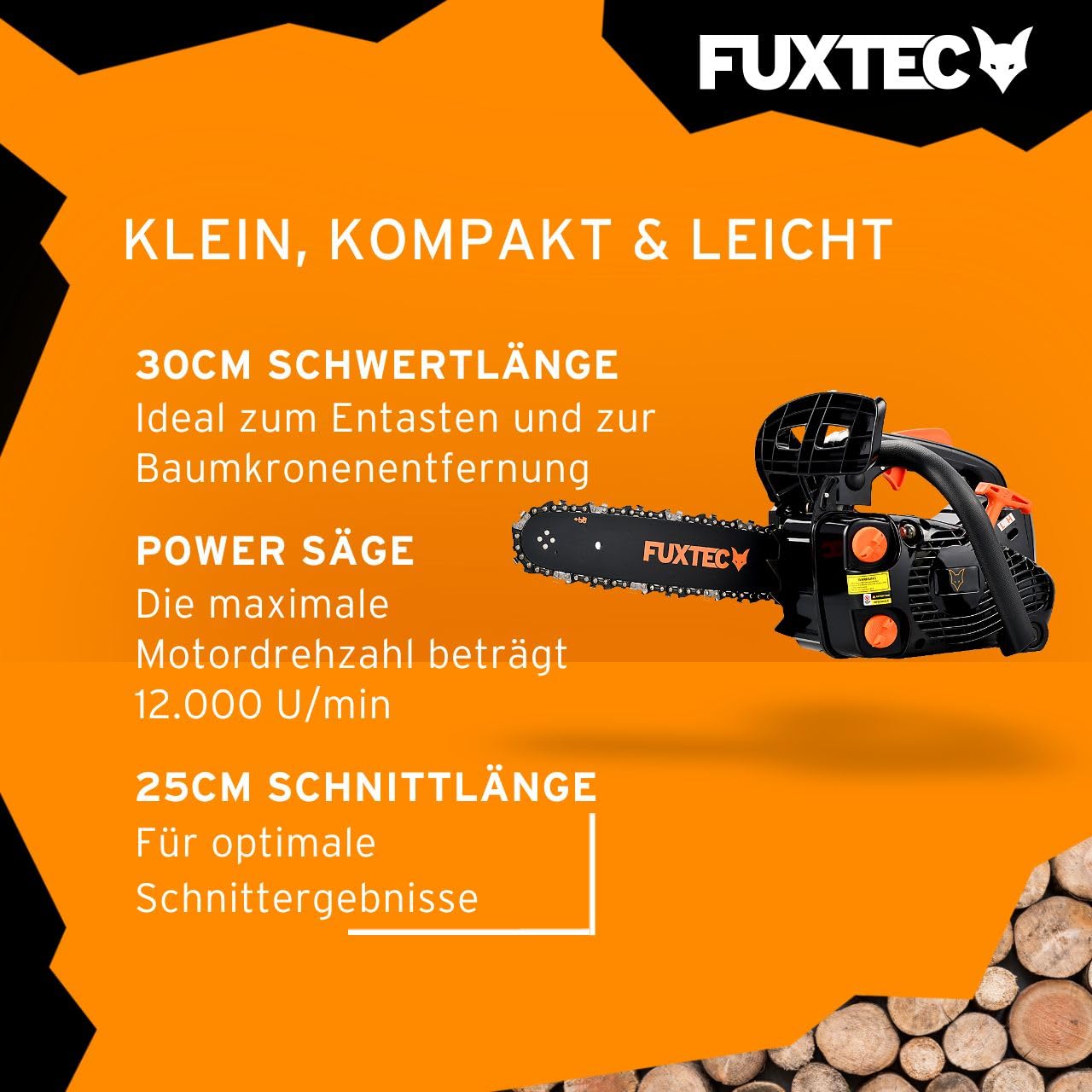 FUXTEC Benzin Baumpflegesäge FX-KS226 Kettensäge 25,4ccm – Schwertlänge 30cm – Motorsäge Top Handle/Einhandsäge
