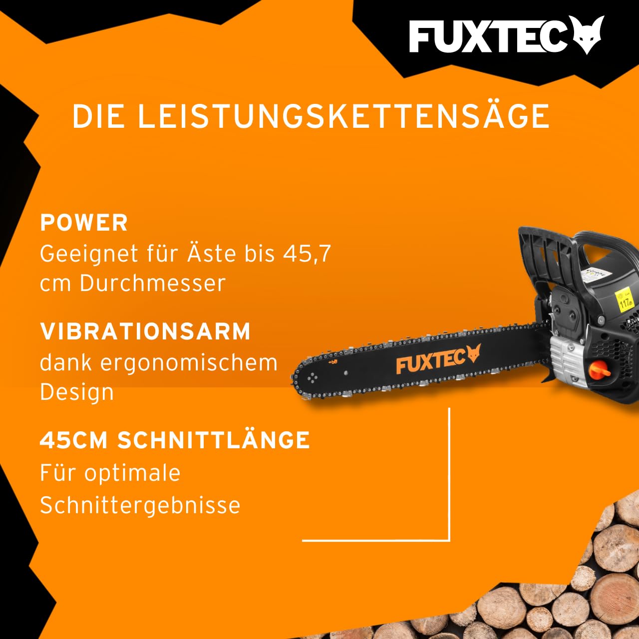 FUXTEC Benzin Kettensäge FX-KS255 – Motorsäge 2,3kw 54ccm Hubraum & EASY-Start – Schwertlänge 52cm inkl. Schwertschutz & Tragetasche