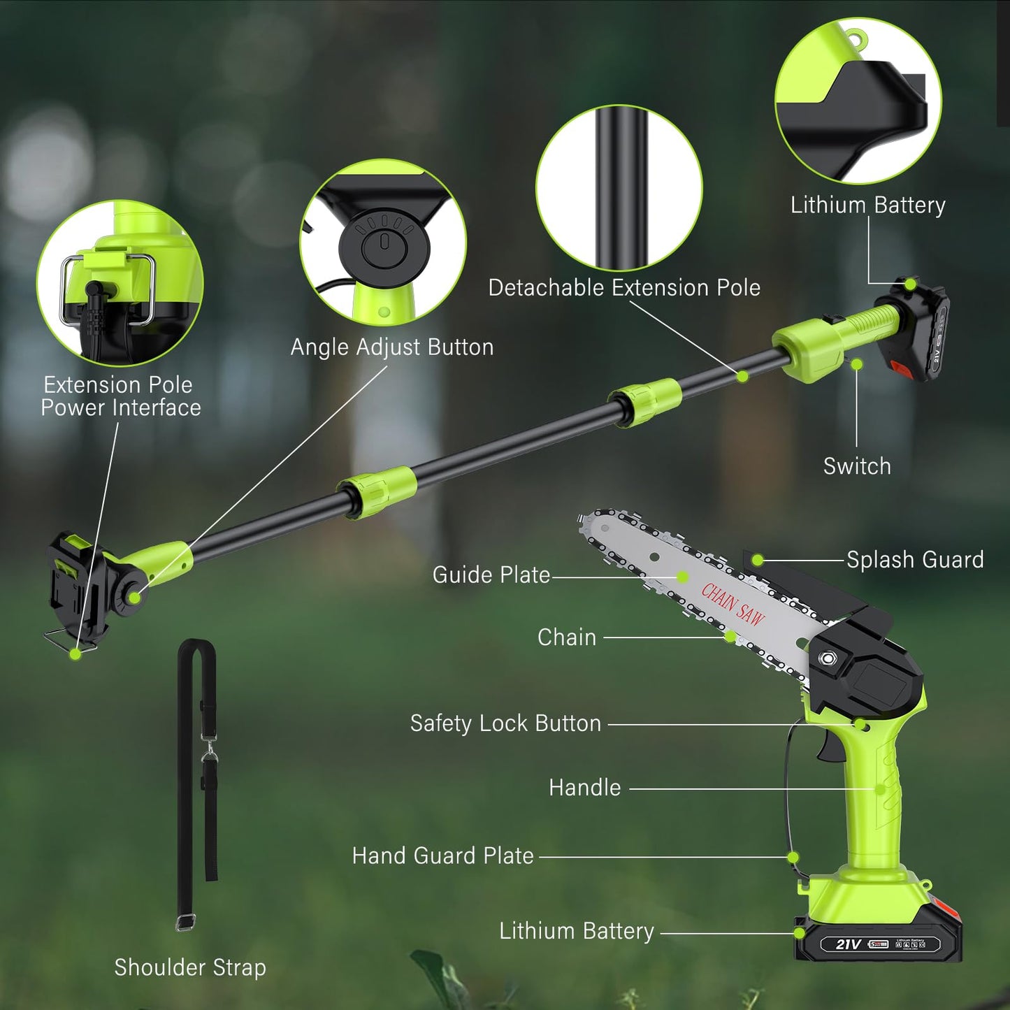 Hochentaster Akku Mini Kettensäge Elektrisch 21V Teleskop Astsäge Astschere Hochentaster mit 2 x 2.0Ah Akku 6 Zoll Kettensäge 22000U/min für Gartenscheren Astschere Holzschneidenz