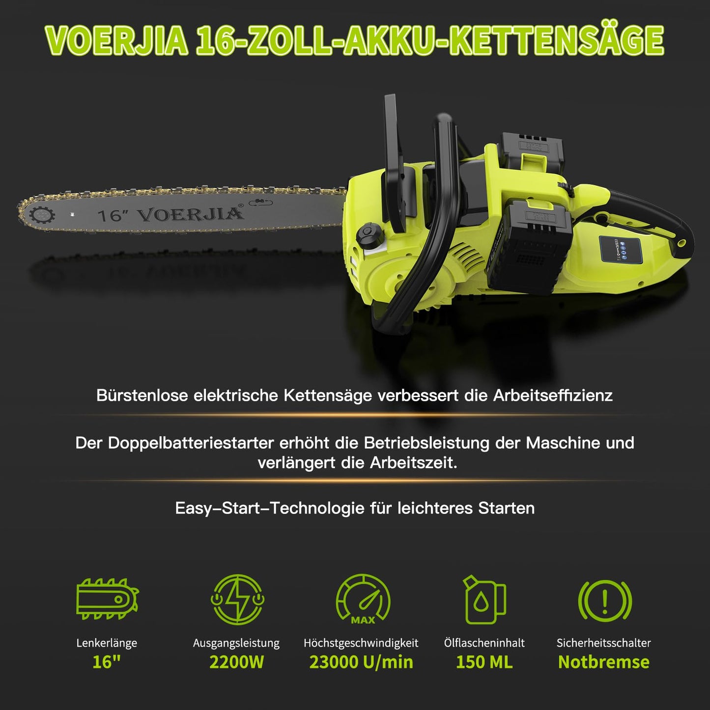 VOERJIA 16 Zoll Akku-Kettensäge, Kettensäge mit Akku, 4 * 4000 mAh Akku, 2200W Bürstenlose Kettensäges mit automatischer Kettenschmierung und Kettenbremse Zum Fällen von Baumstämmen und Bäumen