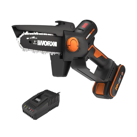 WORX WG325E Nitro Profi Mini Akku-Kettensäge 20V, Einhand Ast-Säge, starker Brushless Motor, 5650 /min, 12cm Schnittlänge, leicht & kompakt, automatische Kettenschmierung (inkl. 2Ah Akku & Ladegerät)