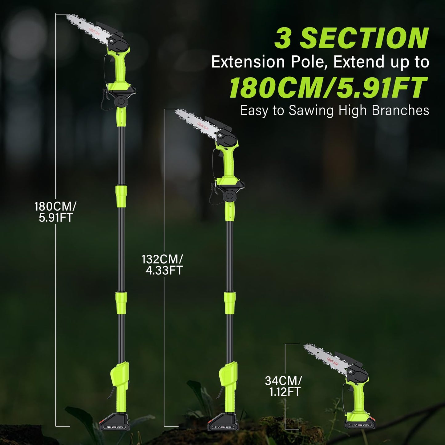 Hochentaster Akku Mini Kettensäge Elektrisch 21V Teleskop Astsäge Astschere Hochentaster mit 2 x 2.0Ah Akku 6 Zoll Kettensäge 22000U/min für Gartenscheren Astschere Holzschneidenz