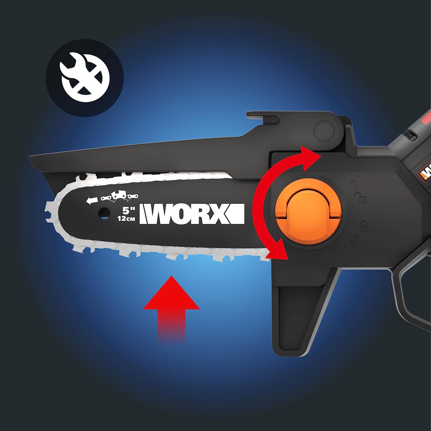 WORX WG325E Nitro Profi Mini Akku-Kettensäge 20V, Einhand Ast-Säge, starker Brushless Motor, 5650 /min, 12cm Schnittlänge, leicht & kompakt, automatische Kettenschmierung (inkl. 2Ah Akku & Ladegerät)