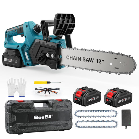 SEESII Akku Kettensäge 12 Zoll, 10000mAh Elektro Kettensäge, 1200W Bürstenloser Motor, Automatische Kettenschmierung, Werkzeuglose Kettenspannung, 30cm Schwertlänge, Ideal für Brennholz & Baum
