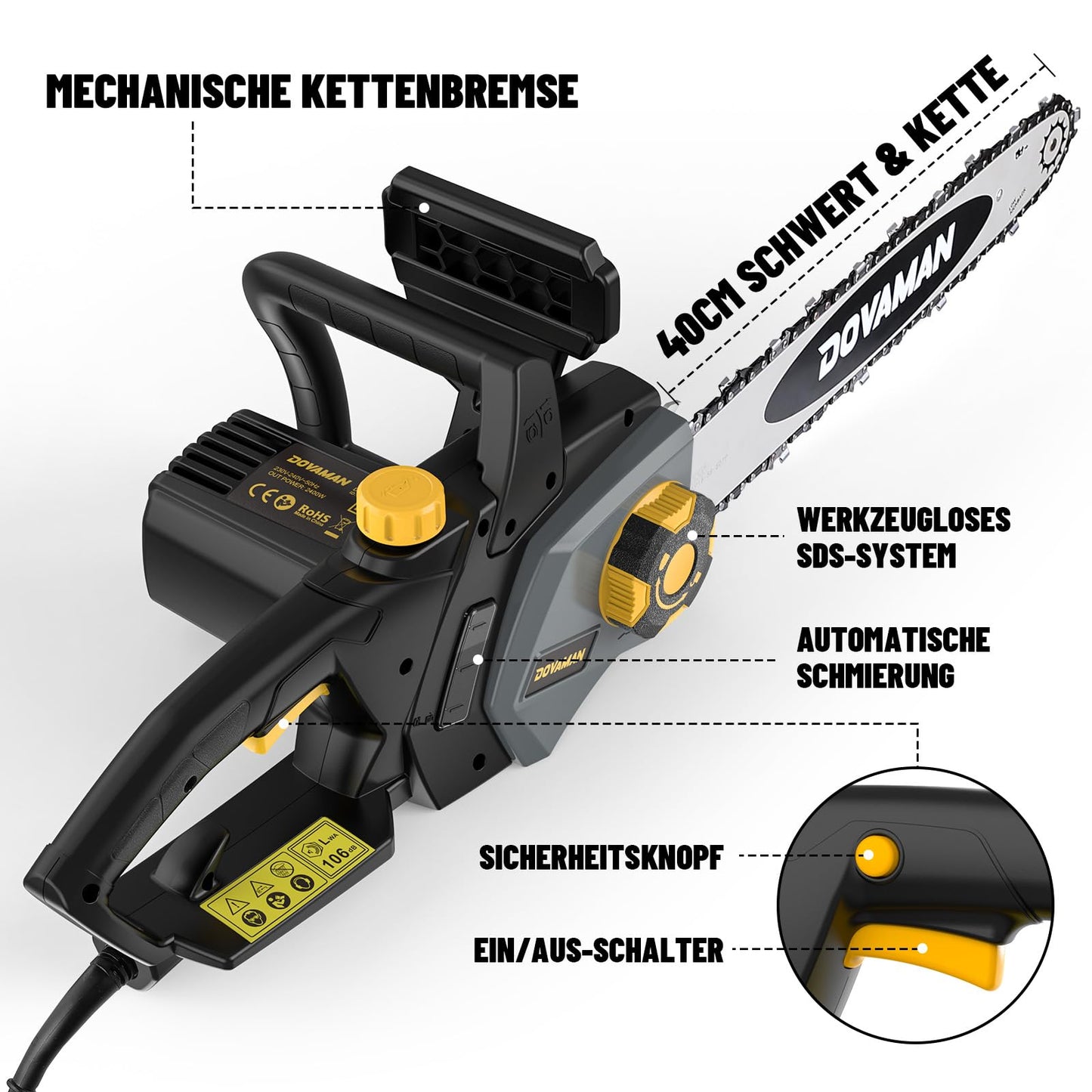 DOVAMAN 2400W Elektro Kettensäge, 40cm Oregon Schwert und Kette, werkzeuglose Kettenspannung, 15m/s, Rückschlagschutz, inkl. 2 Ketten, Kettensäge ideal für Brennholz, Garten und Baumschnitt - DCS01A