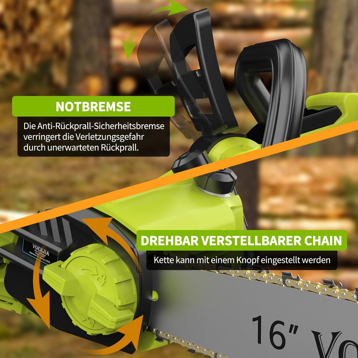 VOERJIA 16 Zoll Akku-Kettensäge, Kettensäge mit Akku, 4 * 4000 mAh Akku, 2200W Bürstenlose Kettensäges mit automatischer Kettenschmierung und Kettenbremse Zum Fällen von Baumstämmen und Bäumen