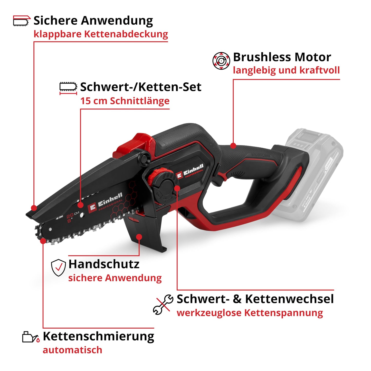 Einhell Professional Akku-Astkettensäge GP-PS 18/20 Li BL-Solo Power X-Change (18 V, 15 cm Schnittlänge, Brushless, 8 m/s Kettengeschwindigkeit, autom. Kettenschmierung, ohne Akku)