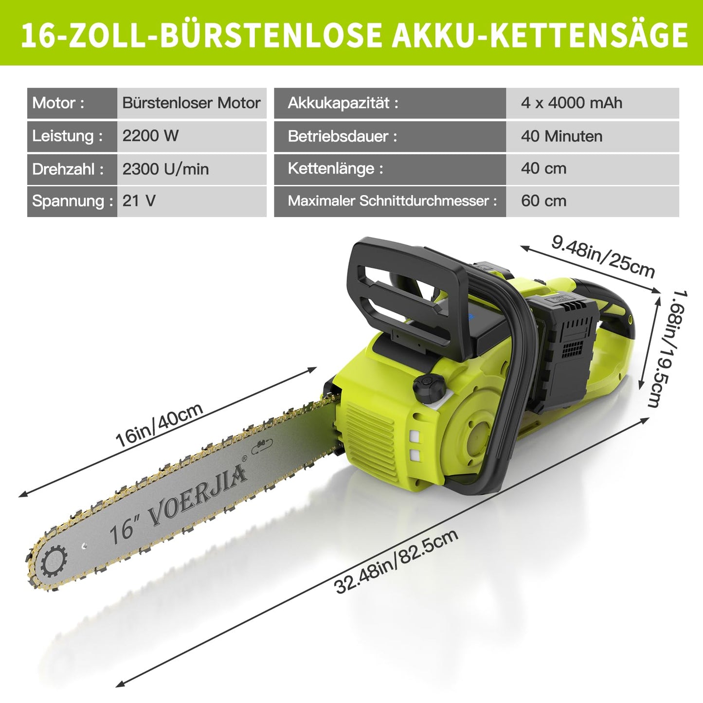 VOERJIA 16 Zoll Akku-Kettensäge, Kettensäge mit Akku, 4 * 4000 mAh Akku, 2200W Bürstenlose Kettensäges mit automatischer Kettenschmierung und Kettenbremse Zum Fällen von Baumstämmen und Bäumen