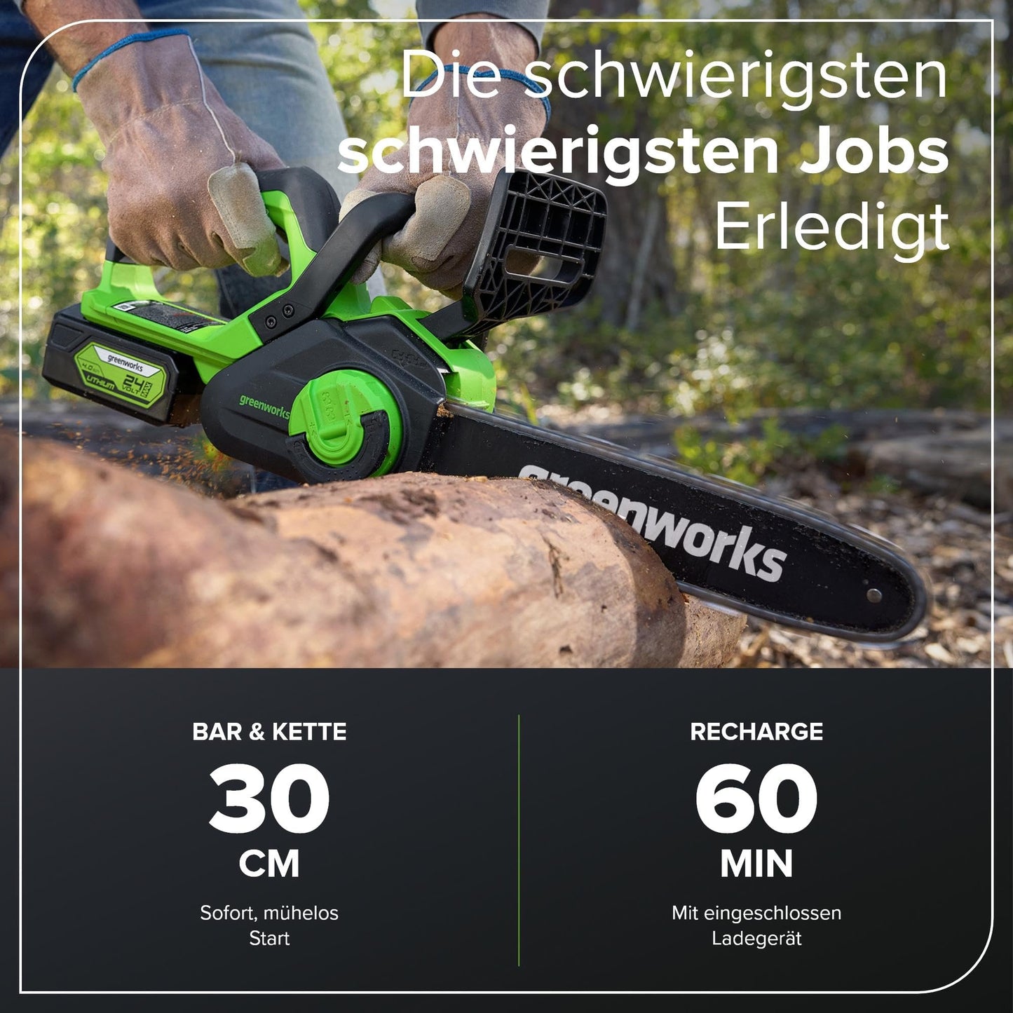 Greenworks G40CS30II Akku Kettensäge, 12 Zoll (30 cm) Blattlänge, 4,2 m/s Kettengeschwindigkeit, 2,6 kg, automatisches Öl-System OHNE 40V Akku & Ladegerät, 3 Jahre Garantie