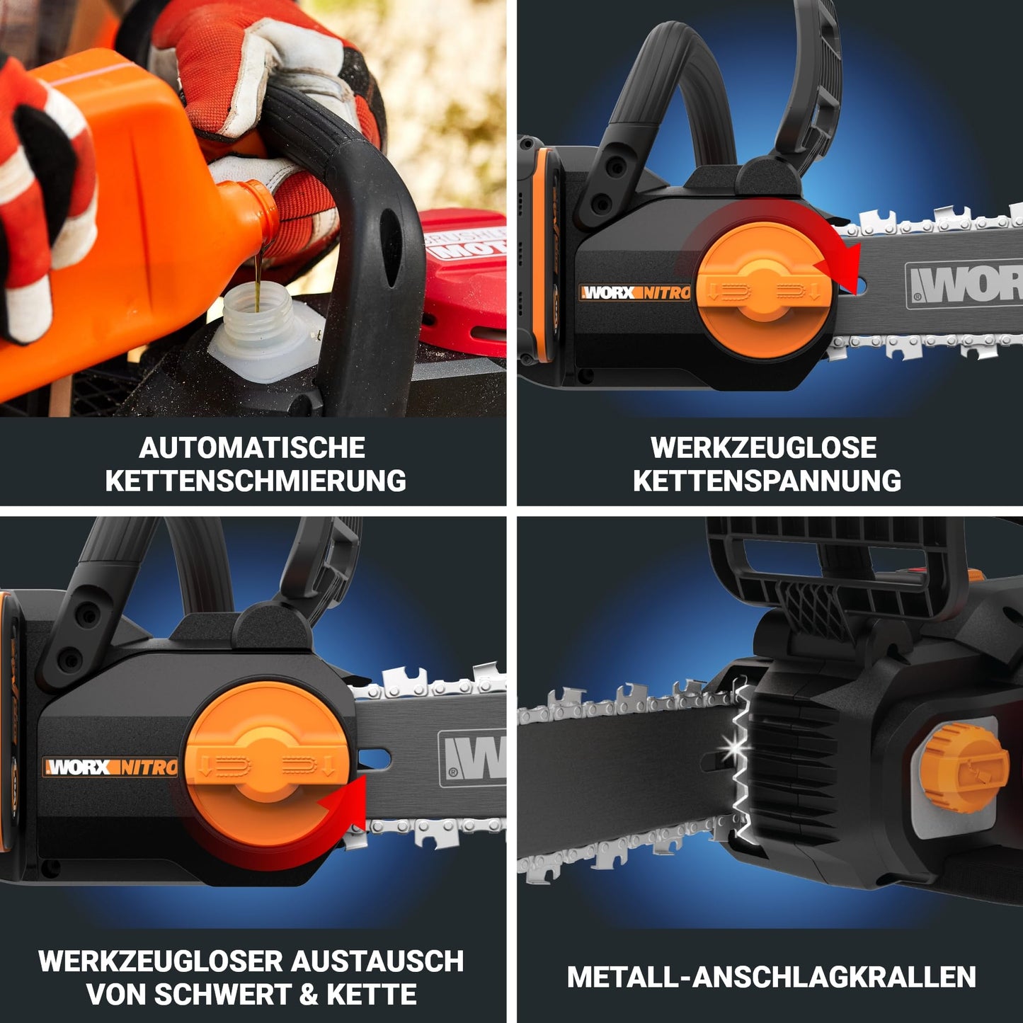 WORX WG350E.9 Nitro Profi Akku Kettensäge 20V – leistungsstarke Holzsäge – 10m/s – 30cm Schnittlänge – kompakt & sicher – automatische Schmierung – einfache Ketten-Verspannung – ohne Akku & Ladegerät