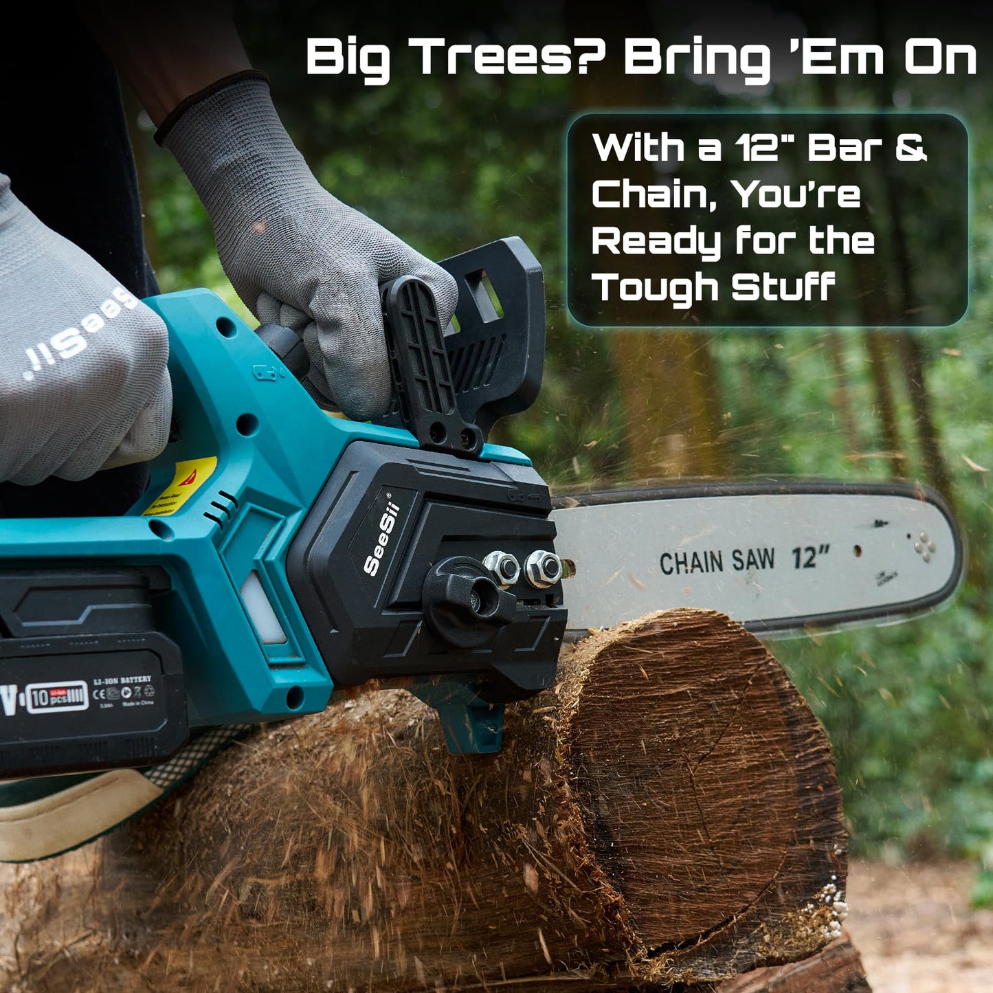 SEESII Akku Kettensäge 12 Zoll, 10000mAh Elektro Kettensäge, 1200W Bürstenloser Motor, Automatische Kettenschmierung, Werkzeuglose Kettenspannung, 30cm Schwertlänge, Ideal für Brennholz & Baum