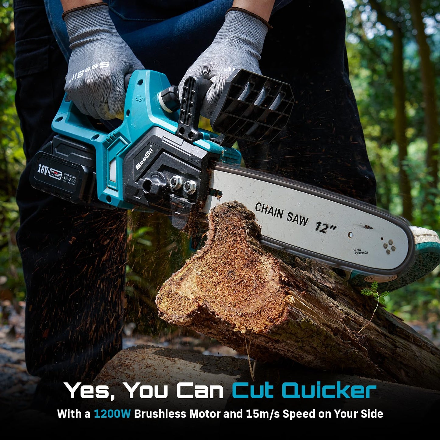 SEESII Akku Kettensäge 12 Zoll, 10000mAh Elektro Kettensäge, 1200W Bürstenloser Motor, Automatische Kettenschmierung, Werkzeuglose Kettenspannung, 30cm Schwertlänge, Ideal für Brennholz & Baum