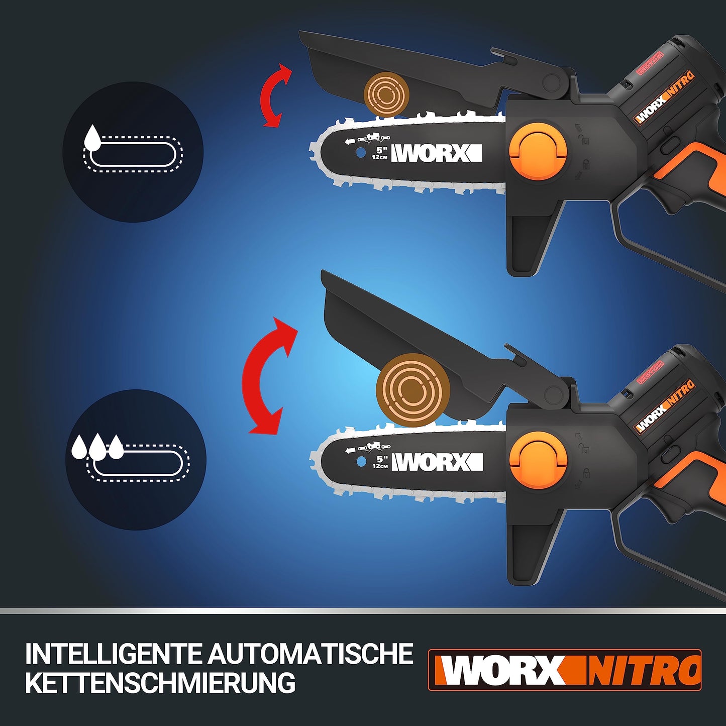 WORX WG325E Nitro Profi Mini Akku-Kettensäge 20V, Einhand Ast-Säge, starker Brushless Motor, 5650 /min, 12cm Schnittlänge, leicht & kompakt, automatische Kettenschmierung (inkl. 2Ah Akku & Ladegerät)