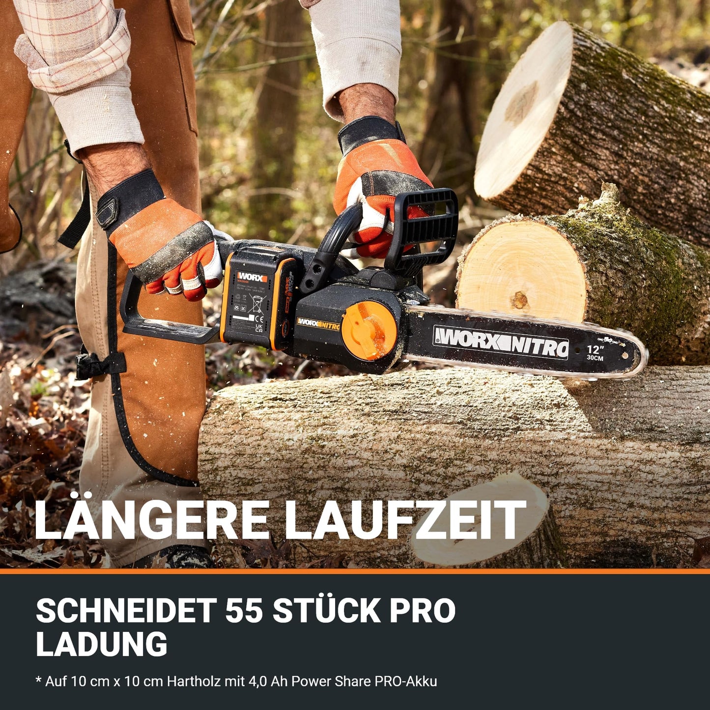 WORX WG350E.9 Nitro Profi Akku Kettensäge 20V – leistungsstarke Holzsäge – 10m/s – 30cm Schnittlänge – kompakt & sicher – automatische Schmierung – einfache Ketten-Verspannung – ohne Akku & Ladegerät